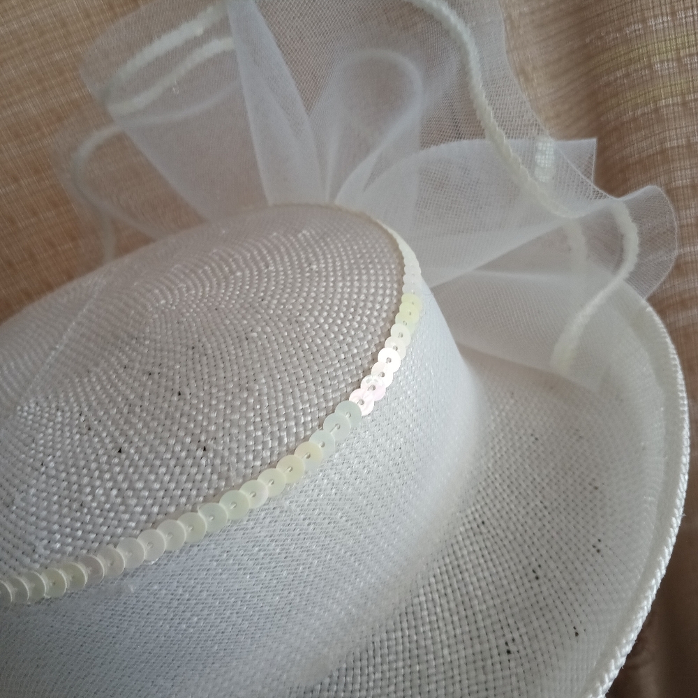 Easter Church White Straw Embellished Toil Church Hat - Picture 8 of 9
